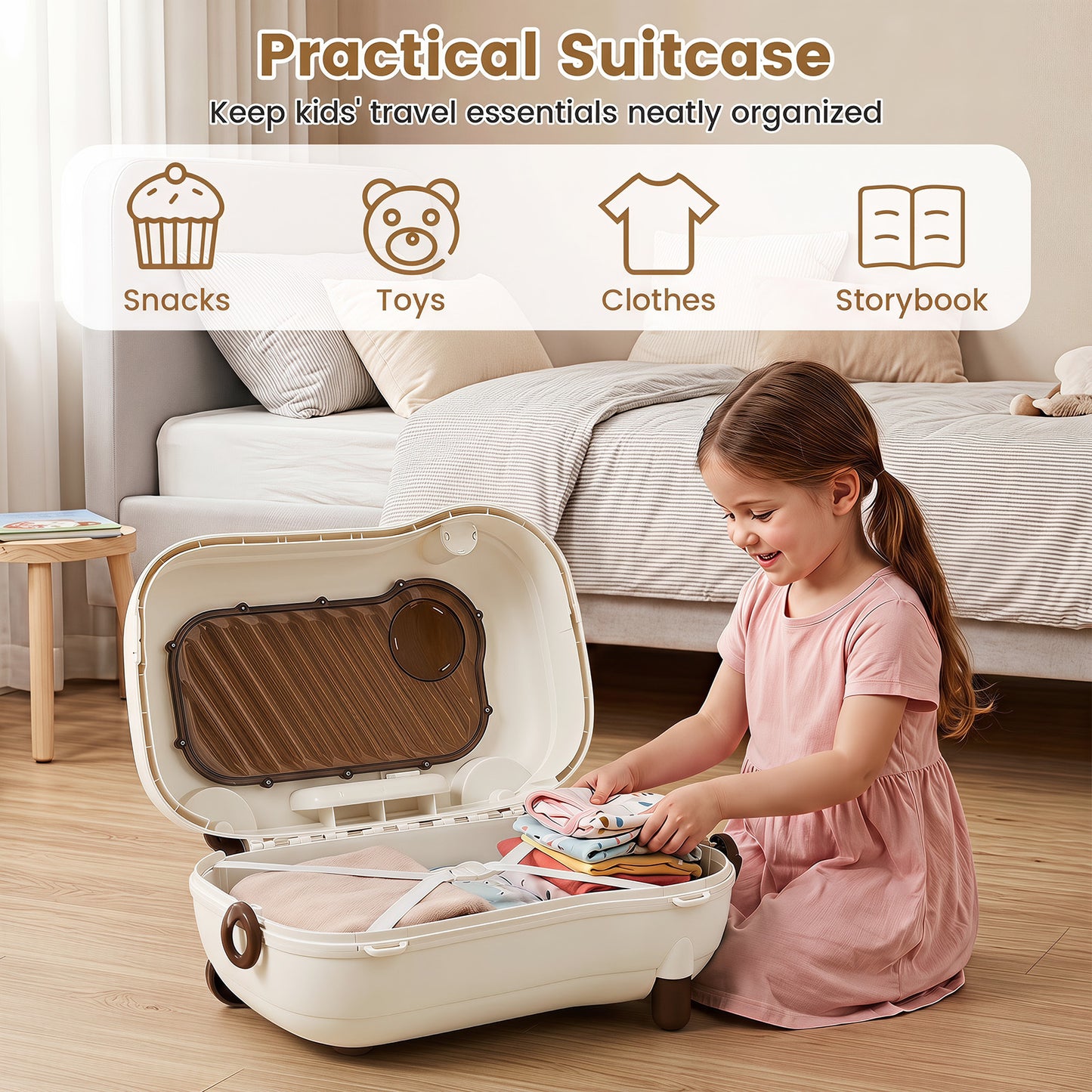 2-in-1 Ride-on Luggage for with Retractable Pedal and Strap for Ages 2+ Kids-Brown