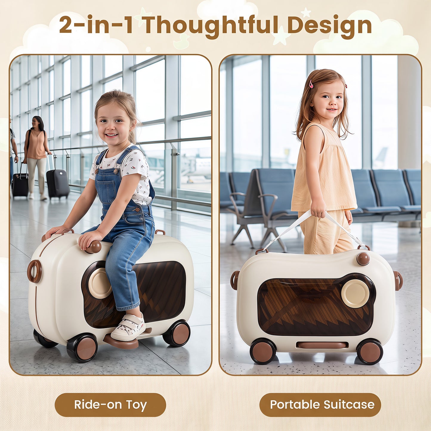 2-in-1 Ride-on Luggage for with Retractable Pedal and Strap for Ages 2+ Kids-Brown