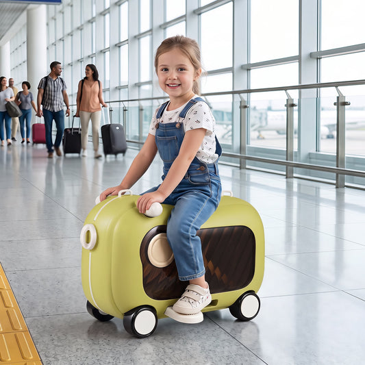 2-in-1 Ride-on Luggage for with Retractable Pedal and Strap for Ages 2+ Kids-Green