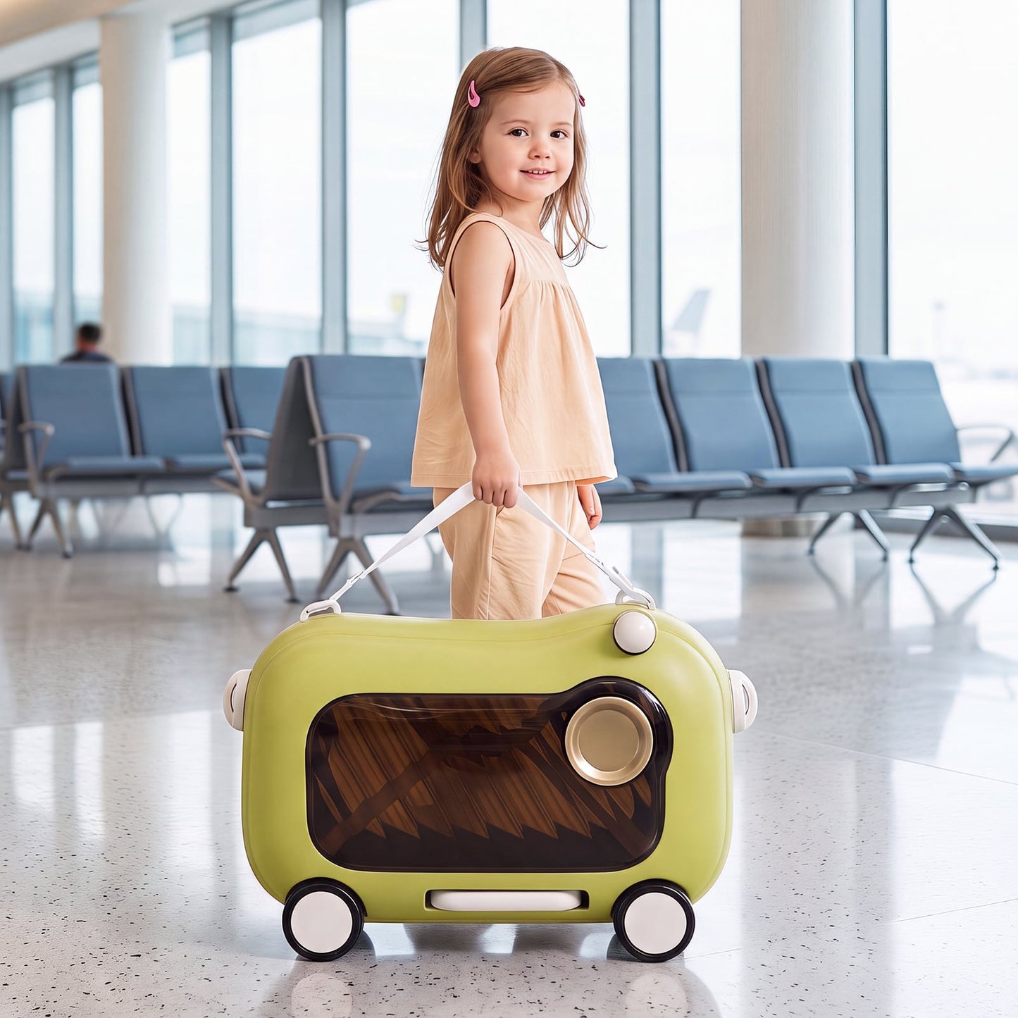 2-in-1 Ride-on Luggage for with Retractable Pedal and Strap for Ages 2+ Kids-Green