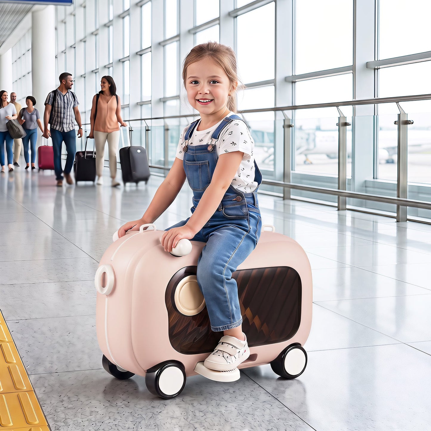 2-in-1 Ride-on Luggage for with Retractable Pedal and Strap for Ages 2+ Kids-Pink