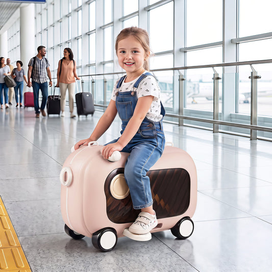 2-in-1 Ride-on Luggage for with Retractable Pedal and Strap for Ages 2+ Kids-Pink