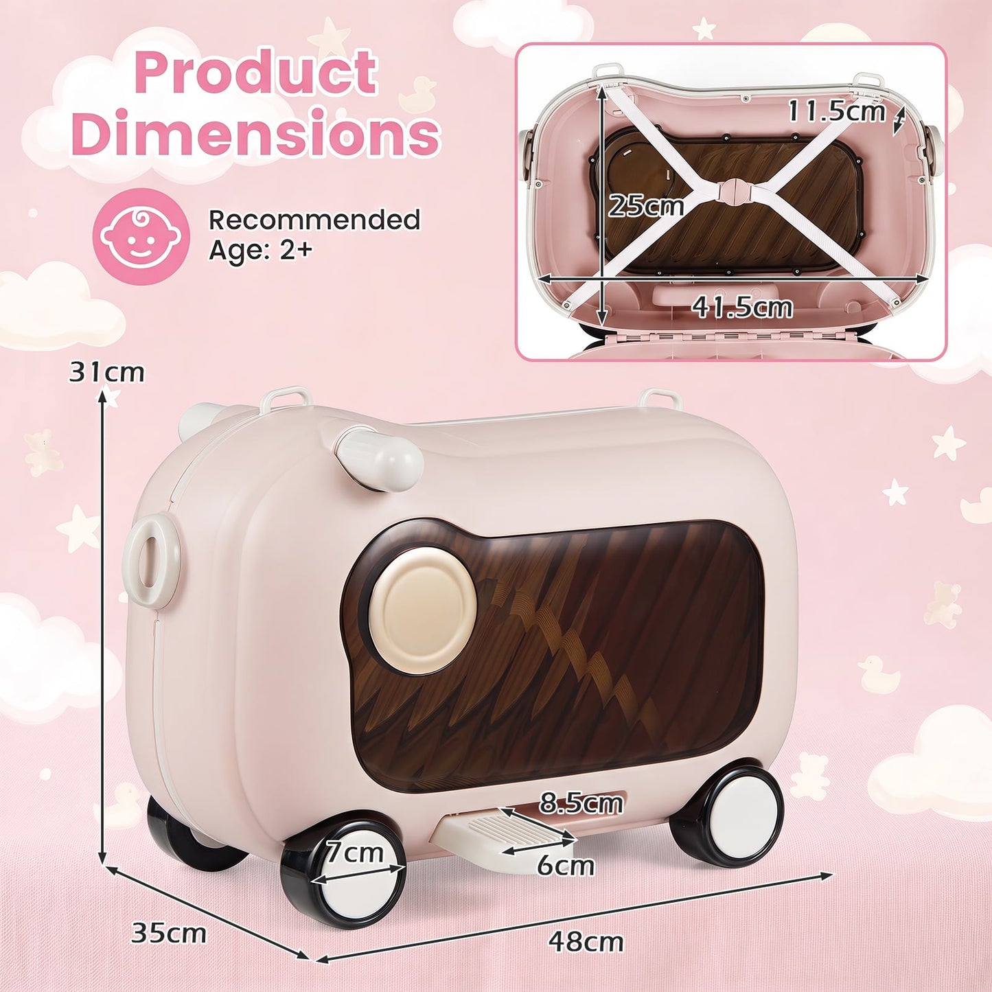2-in-1 Ride-on Luggage for with Retractable Pedal and Strap for Ages 2+ Kids-Pink