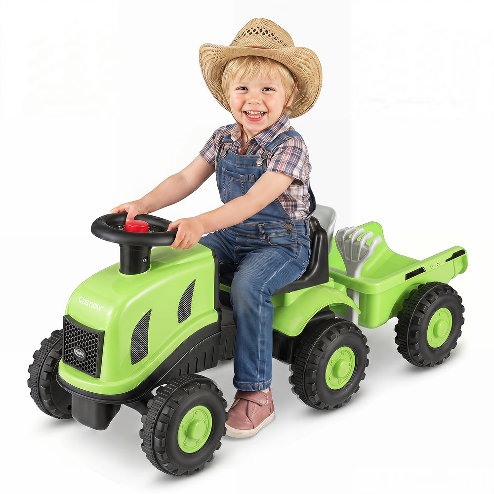 2-in-1 Ride on Tractor with Detachable Trailer Foot-to-Floor Sliding Car with Air Horn-Green