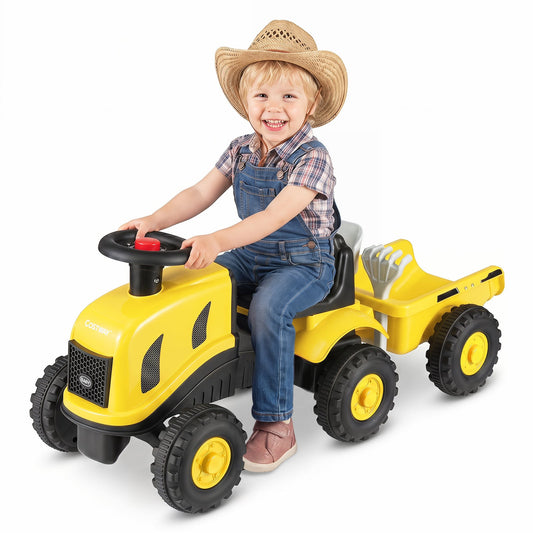 2-in-1 Ride on Tractor with Detachable Trailer Foot-to-Floor Sliding Car with Air Horn-Yellow