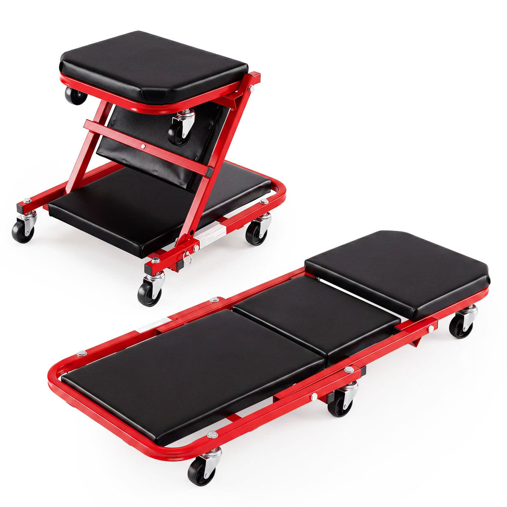 2-in-1 Rolling Folding Z Creeper Seat Roller Garage Chair with 6 Swivel Casters-Red