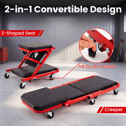 2-in-1 Rolling Folding Z Creeper Seat Roller Garage Chair with 6 Swivel Casters-Red