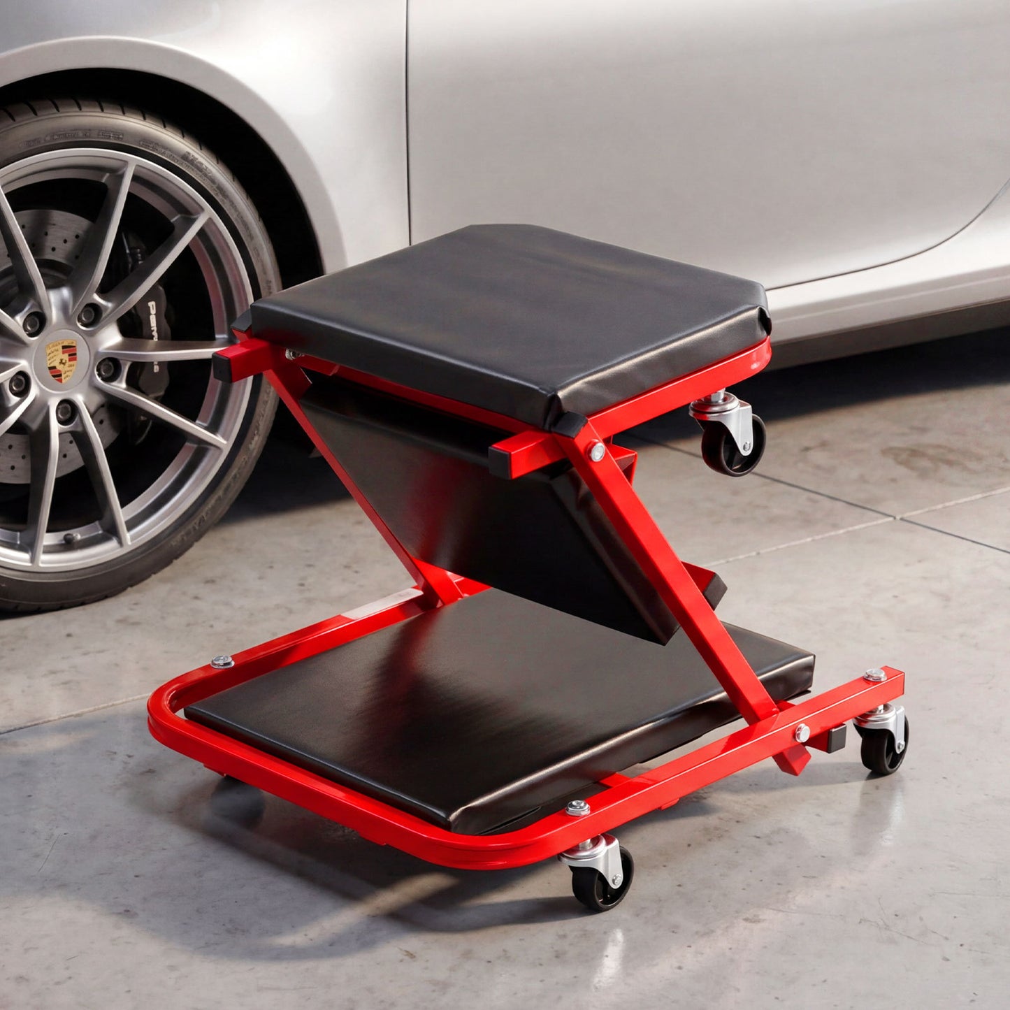 2-in-1 Rolling Folding Z Creeper Seat Roller Garage Chair with 6 Swivel Casters-Red