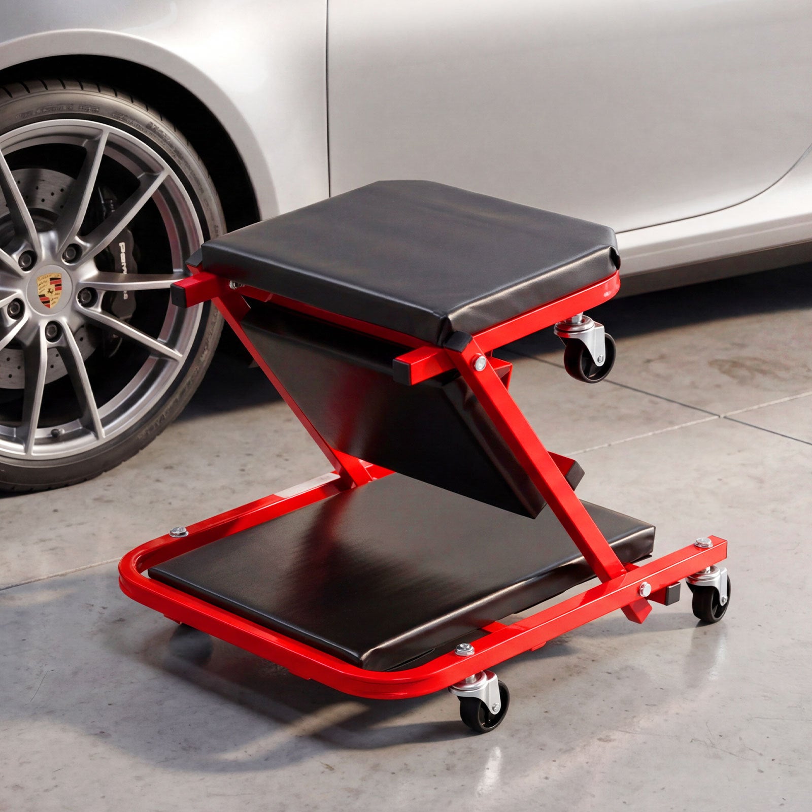 2-in-1 Rolling Folding Z Creeper Seat Roller Garage Chair with 6 Swivel Casters-Red