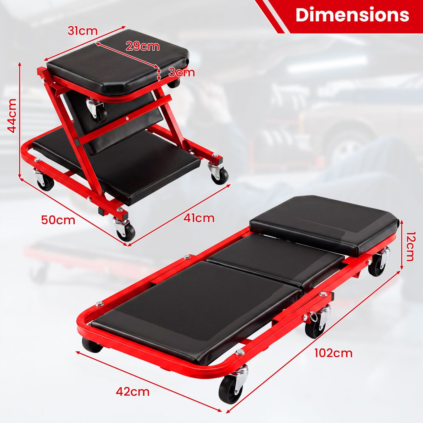 2-in-1 Rolling Folding Z Creeper Seat Roller Garage Chair with 6 Swivel Casters-Red