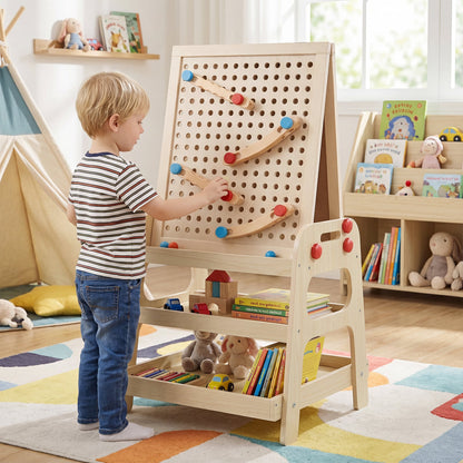 2-in-1 Wooden Easel for Kids with Magnetic Whiteboard and Marble Run Game-Natrual