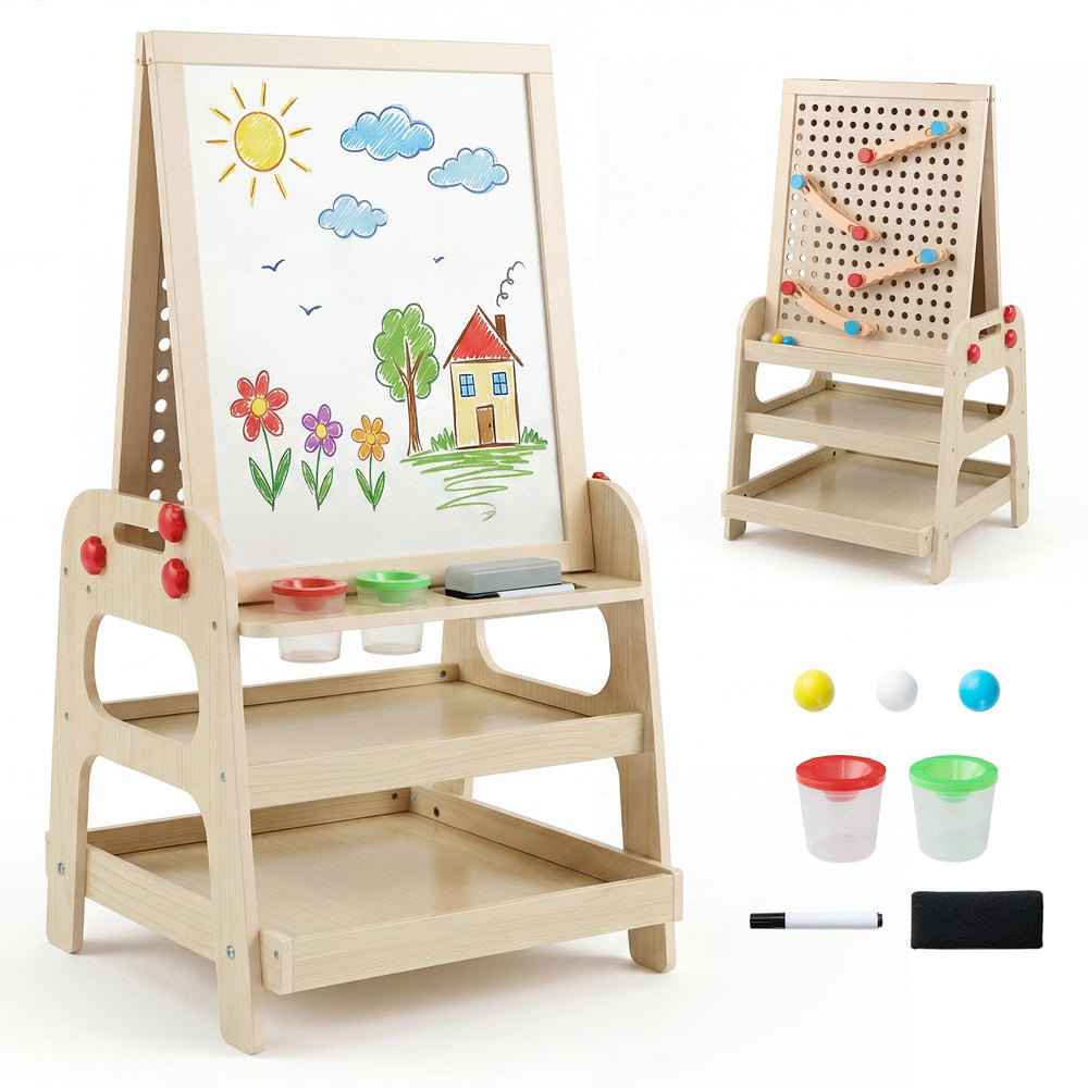 2-in-1 Wooden Easel for Kids with Magnetic Whiteboard and Marble Run Game-Natrual