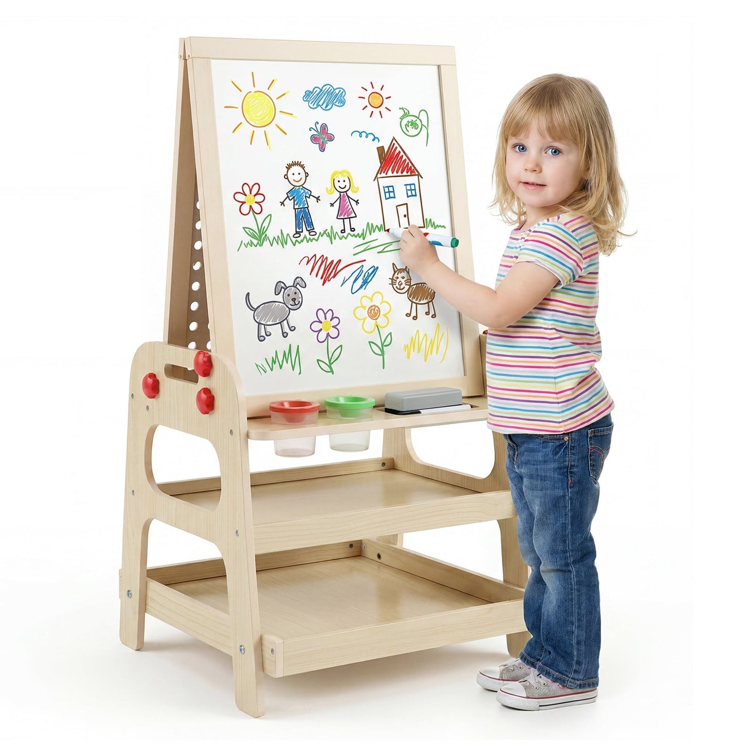 2-in-1 Wooden Easel for Kids with Magnetic Whiteboard and Marble Run Game-Natrual