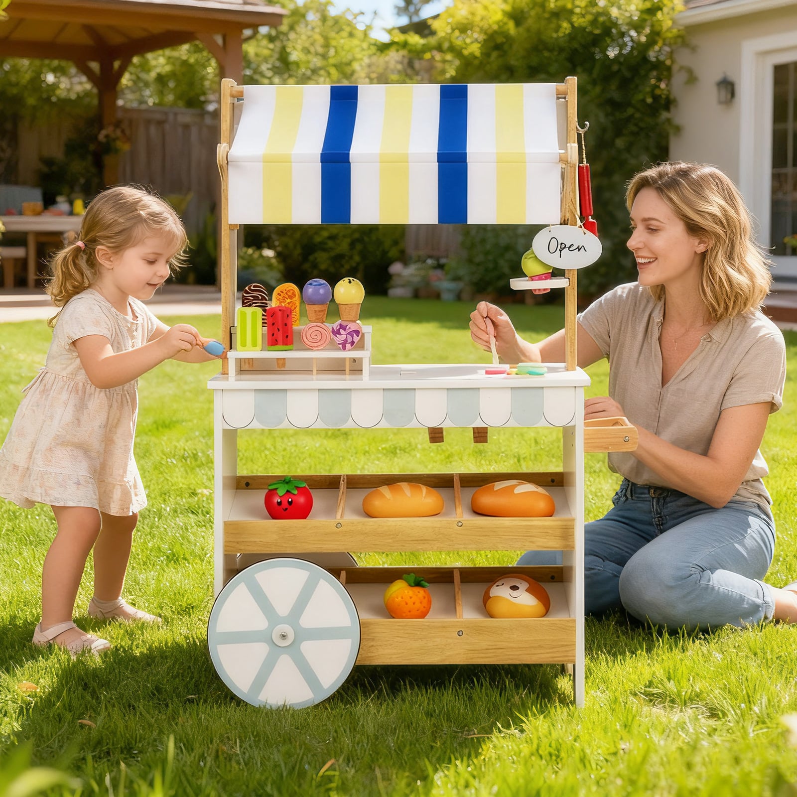 2-in-1 Wooden Ice Cream Cart with Display Shelves for Kids 3+ Years Old-White