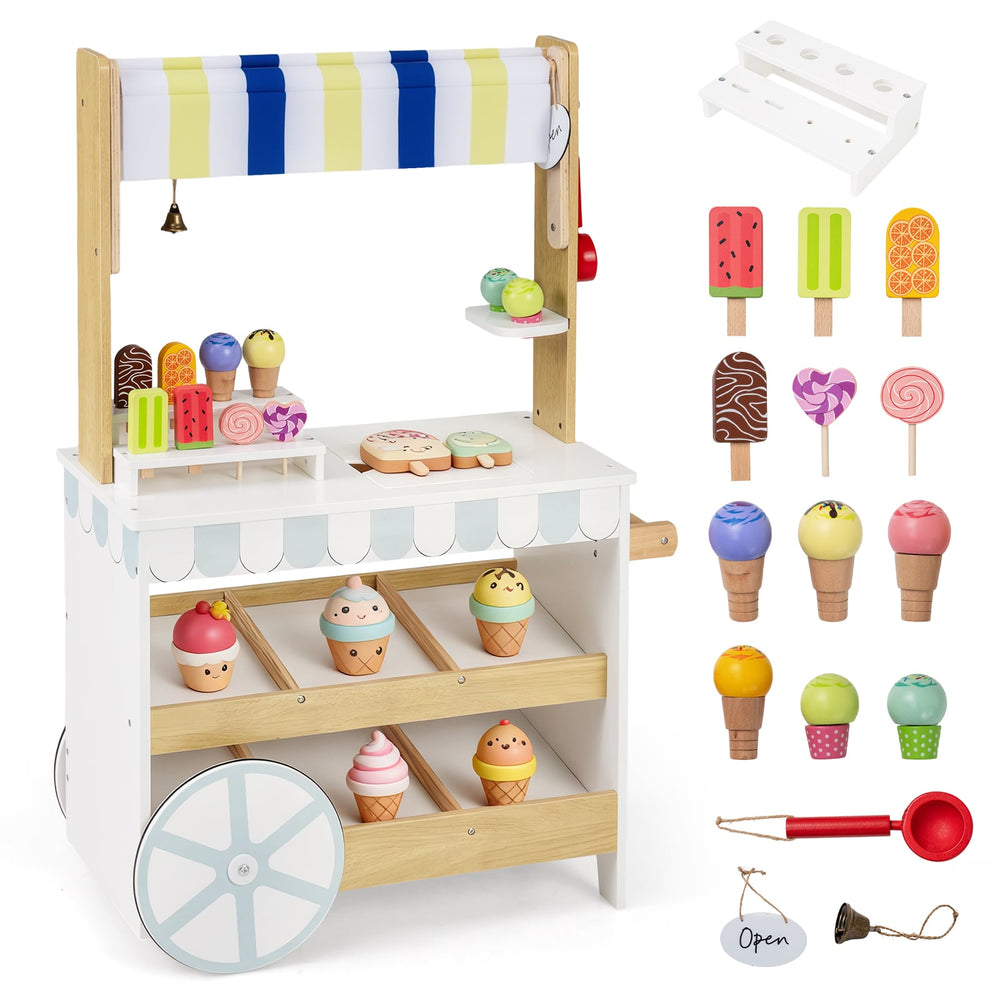 2-in-1 Wooden Ice Cream Cart with Display Shelves for Kids 3+ Years Old-White
