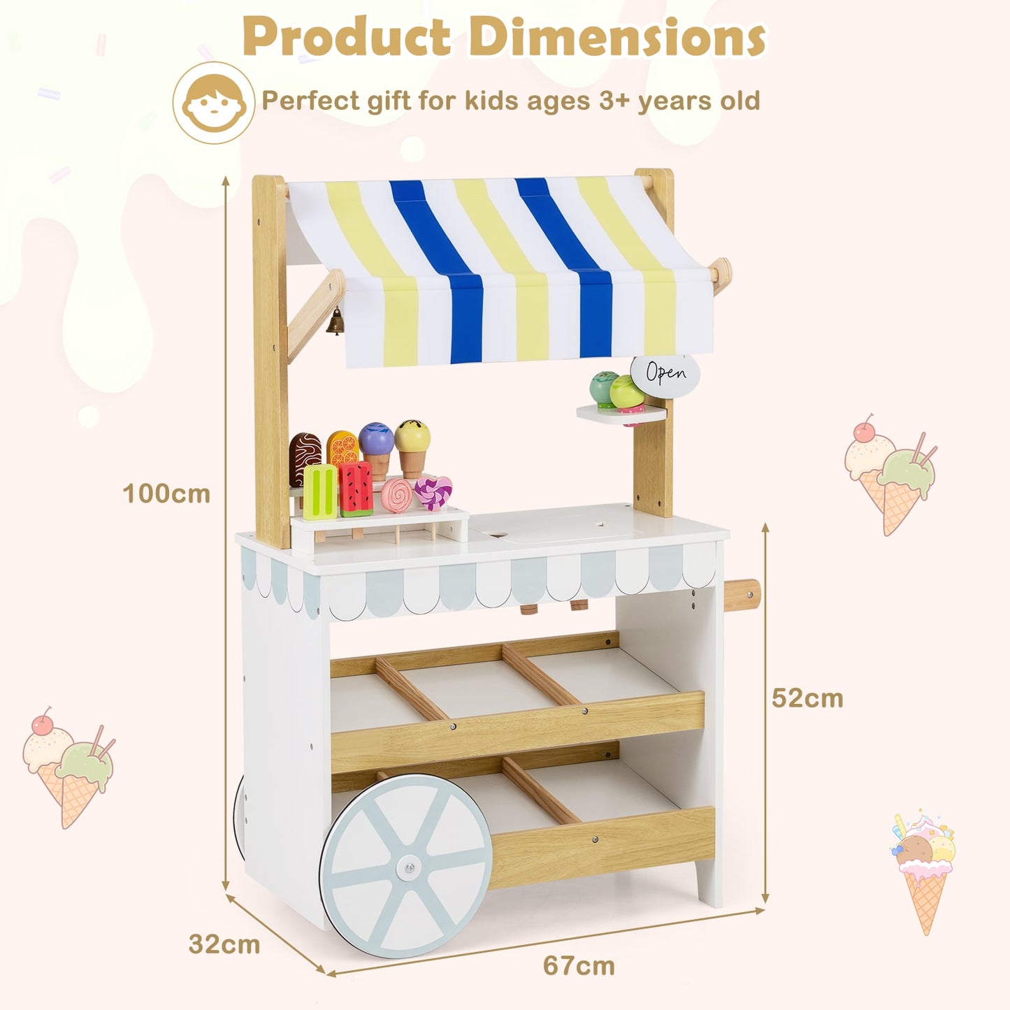2-in-1 Wooden Ice Cream Cart with Display Shelves for Kids 3+ Years Old-White