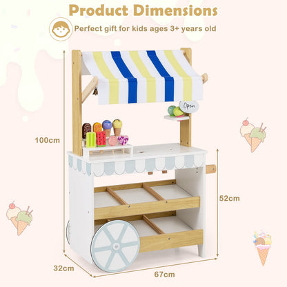 2-in-1 Wooden Ice Cream Cart with Display Shelves for Kids 3+ Years Old-White