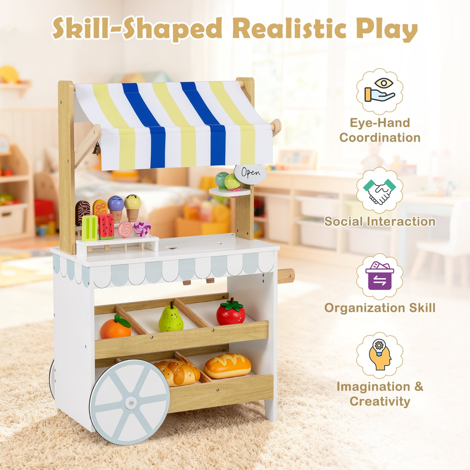 2-in-1 Wooden Ice Cream Cart with Display Shelves for Kids 3+ Years Old-White