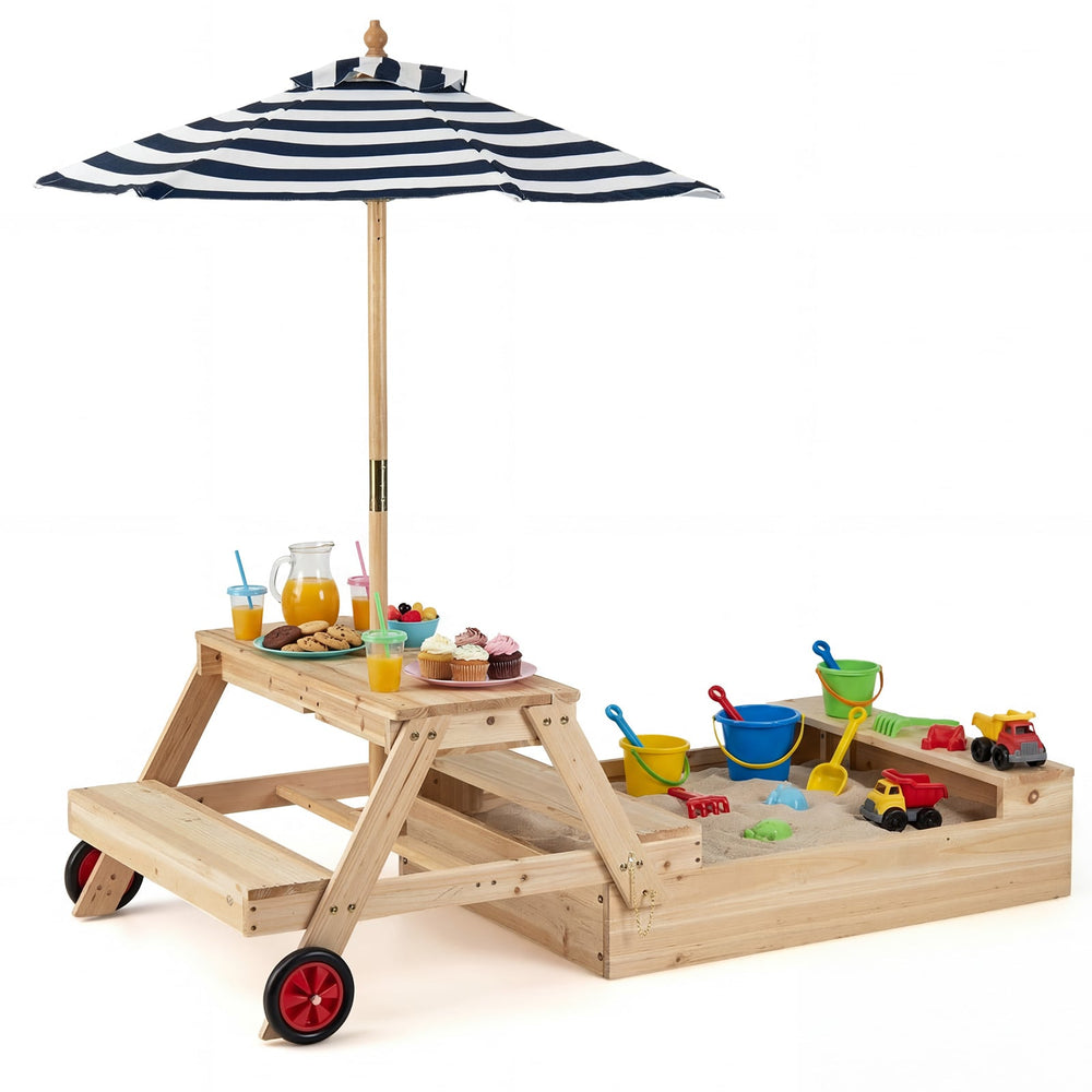 2-in-1 Wooden Sandbox with Foldable Umbrella and Convertible Picnic Table-Blue