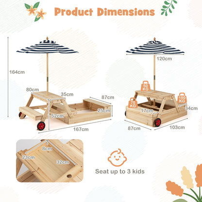 2-in-1 Wooden Sandbox with Foldable Umbrella and Convertible Picnic Table-Blue