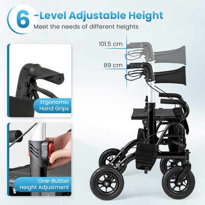 2-in-1 Foldable Rollator Walker with Seat and Pneumatic Tires for All Terrain-Black