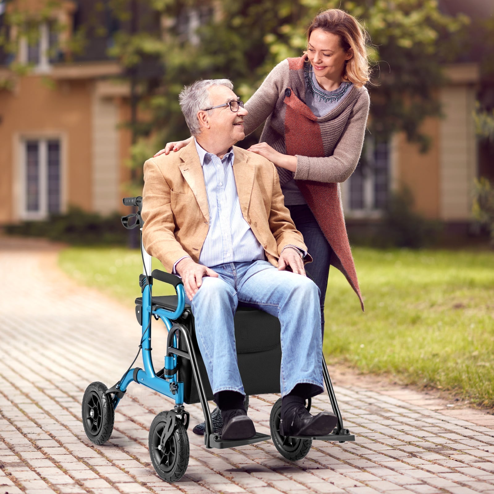 2-in-1 Foldable Rollator Walker with Seat and Pneumatic Tires for All Terrain-Navy