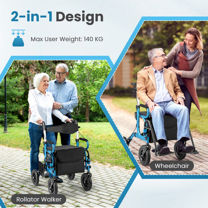2-in-1 Foldable Rollator Walker with Seat and Pneumatic Tires for All Terrain-Navy