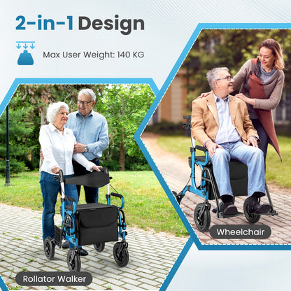 2-in-1 Foldable Rollator Walker with Seat and Pneumatic Tires for All Terrain-Navy
