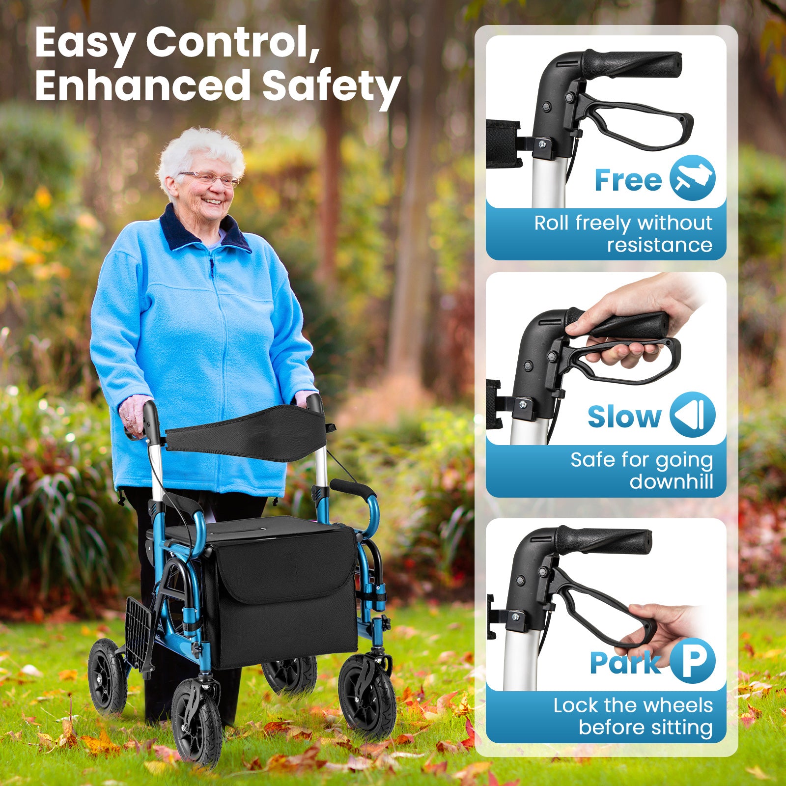 2-in-1 Foldable Rollator Walker with Seat and Pneumatic Tires for All Terrain-Navy