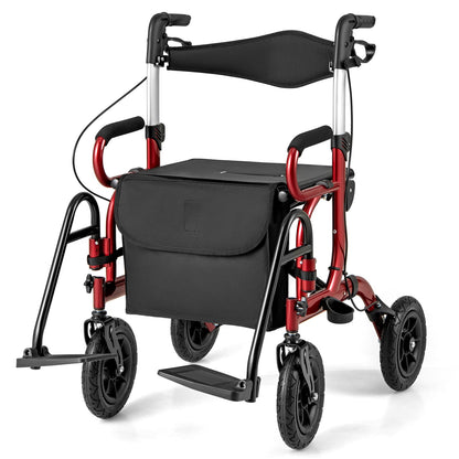 2-in-1 Foldable Rollator Walker with Seat and Pneumatic Tires for All Terrain-Red