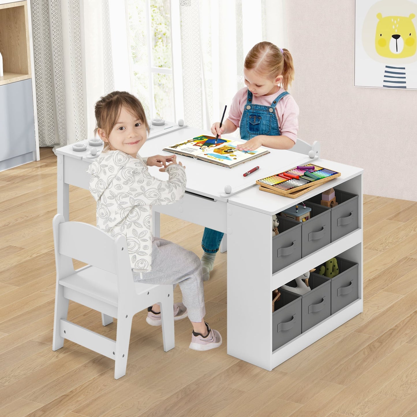 2-in-1 Kids Art Table and Easel Set with Chairs and Liftable Tabletop-White