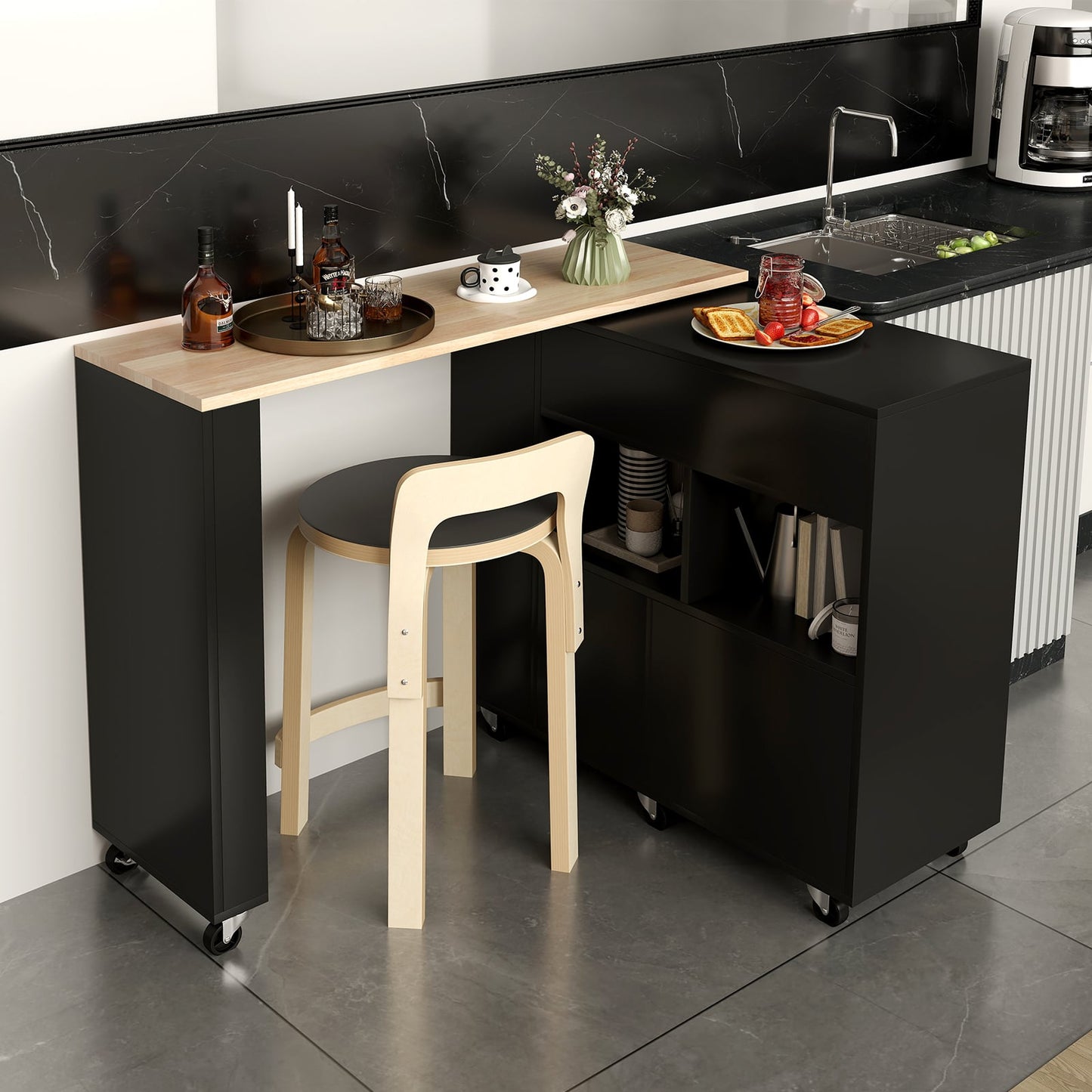 2-in-1 Kitchen Island Cart with Rubber Wood Top-Black