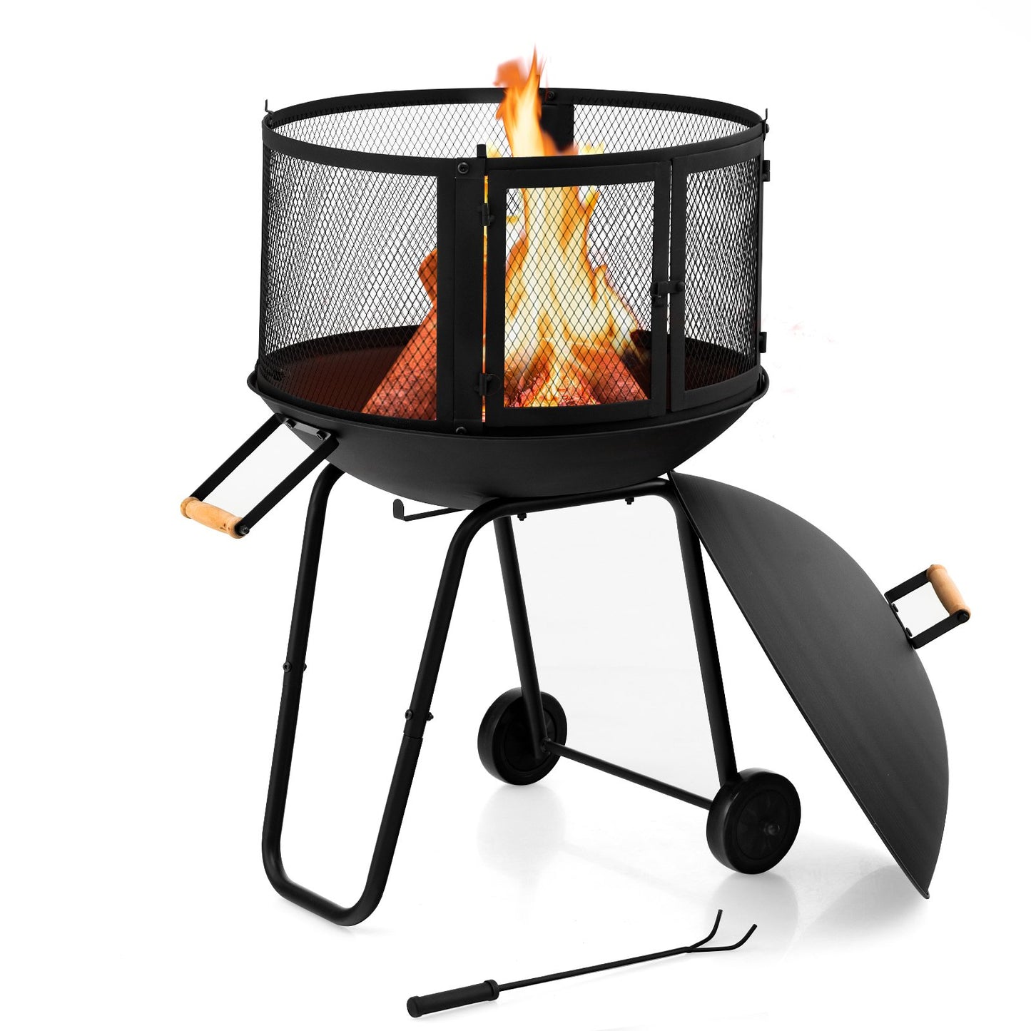 2-in-1 Rolling Patio Fire Pit with Wheels and Handle-Black