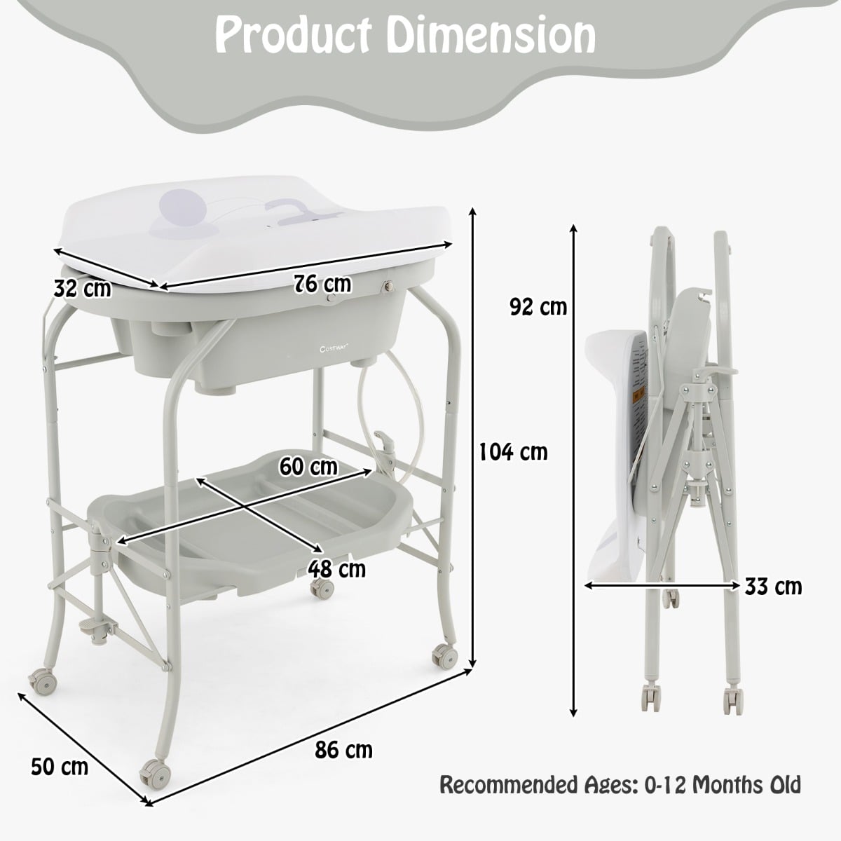 2-in-1 Baby Change Table with Bathtub and Folding Changing Station-Light Grey
