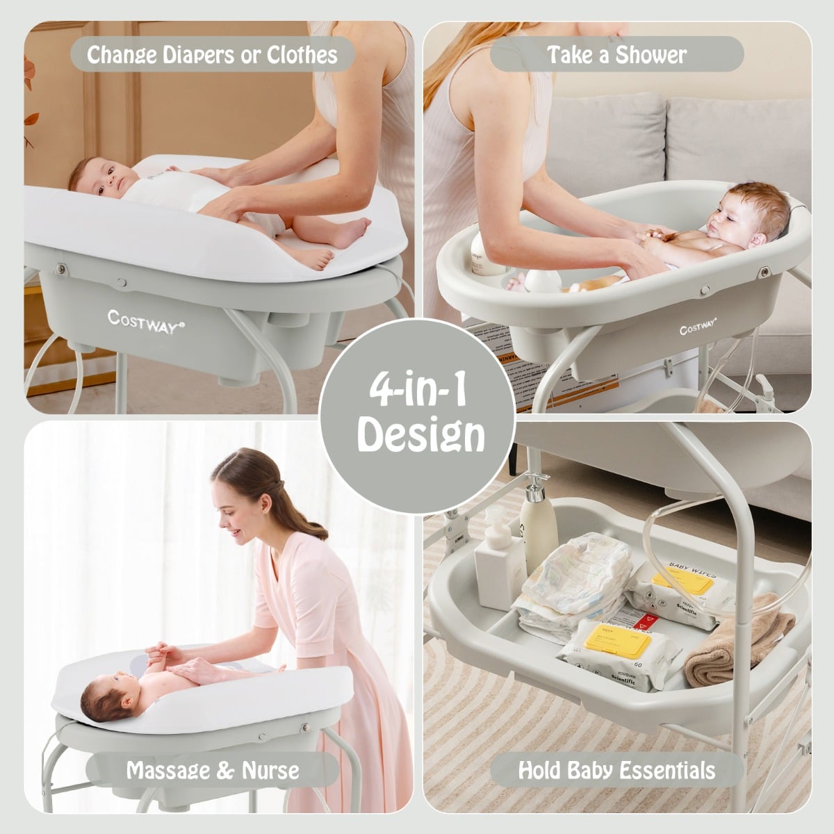 2-in-1 Baby Change Table with Bathtub and Folding Changing Station-Light Grey