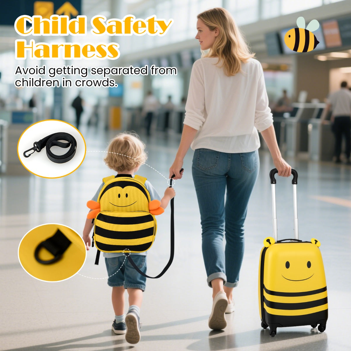 2-Piece Kid’s Luggage Set with Cute Bee Backpack and 18” Rolling Suitcase-Yellow
