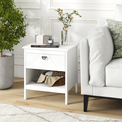 2-tier End Table Set of 2 with Drawer and Open Storage Shelf-White