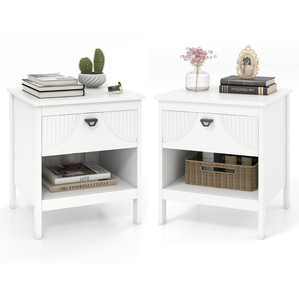 2-tier End Table Set of 2 with Drawer and Open Storage Shelf-White