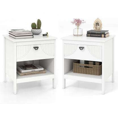2-tier End Table Set of 2 with Drawer and Open Storage Shelf-White