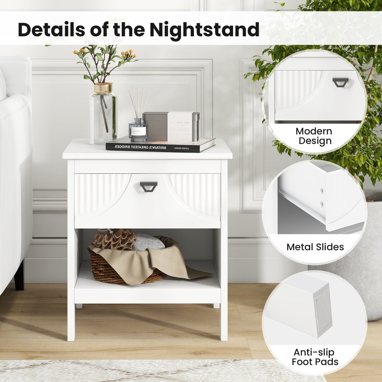 2-tier End Table Set of 2 with Drawer and Open Storage Shelf-White