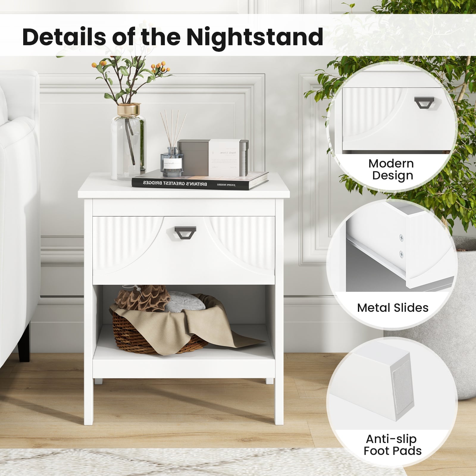 2-tier End Table Set of 2 with Drawer and Open Storage Shelf-White