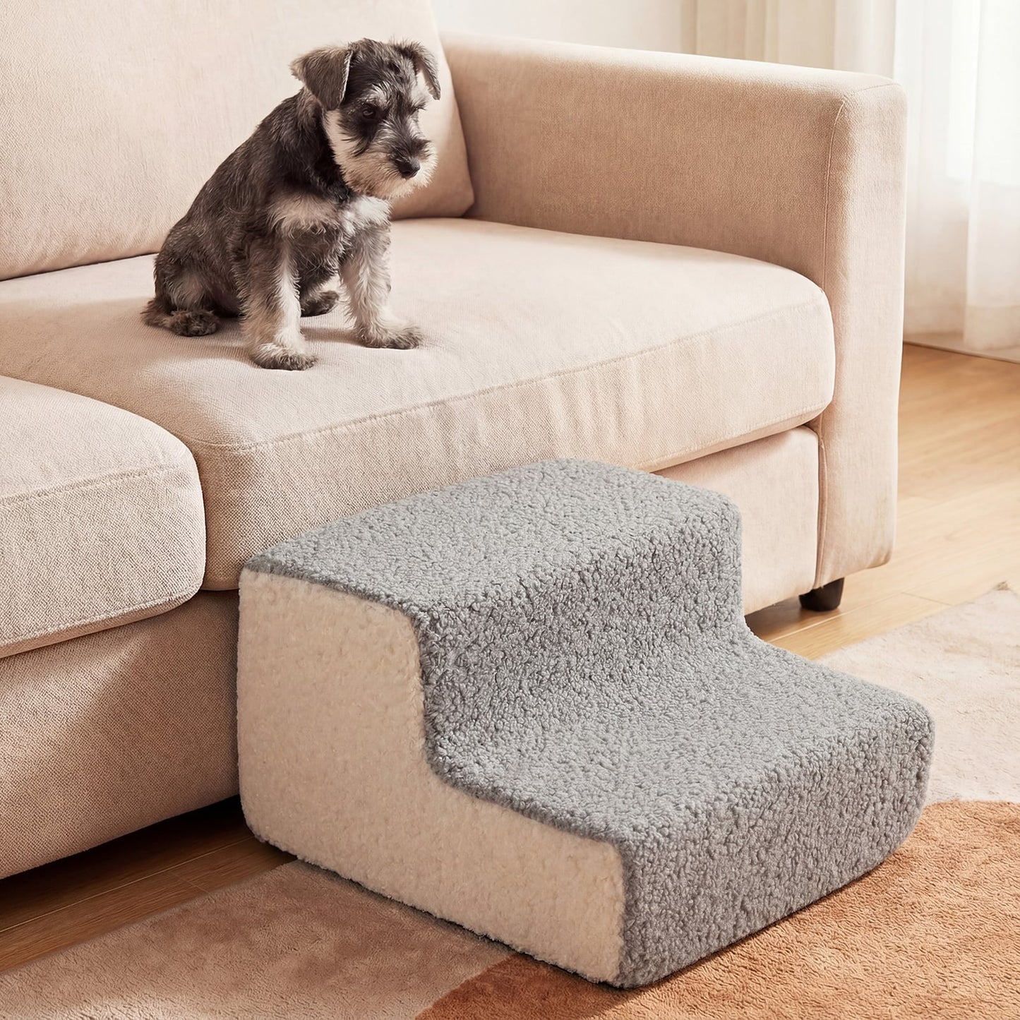 2-tier Foam Dog Ramp High-density Pet Stairs with Non-Slip Bottom-Grey