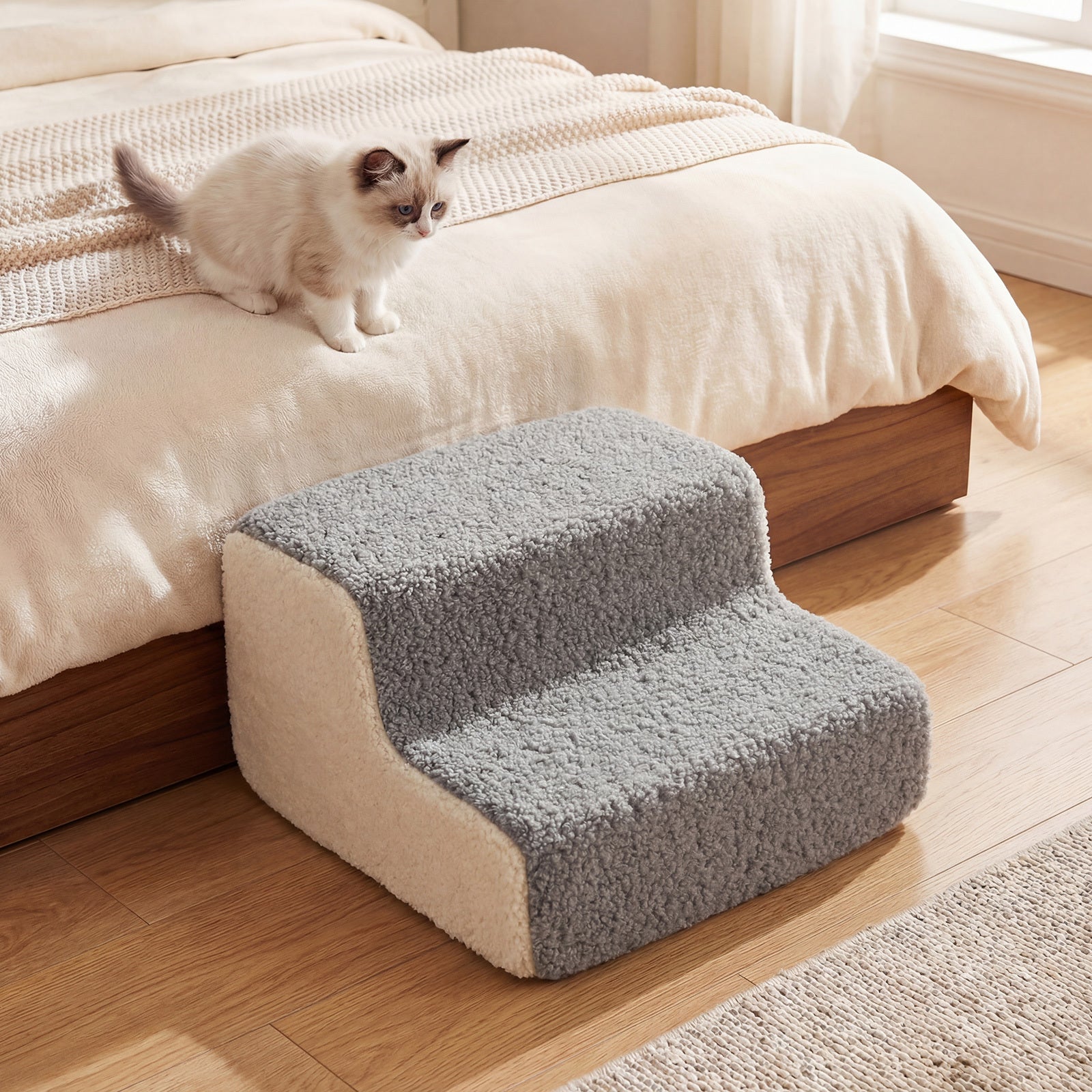 2-tier Foam Dog Ramp High-density Pet Stairs with Non-Slip Bottom-Grey