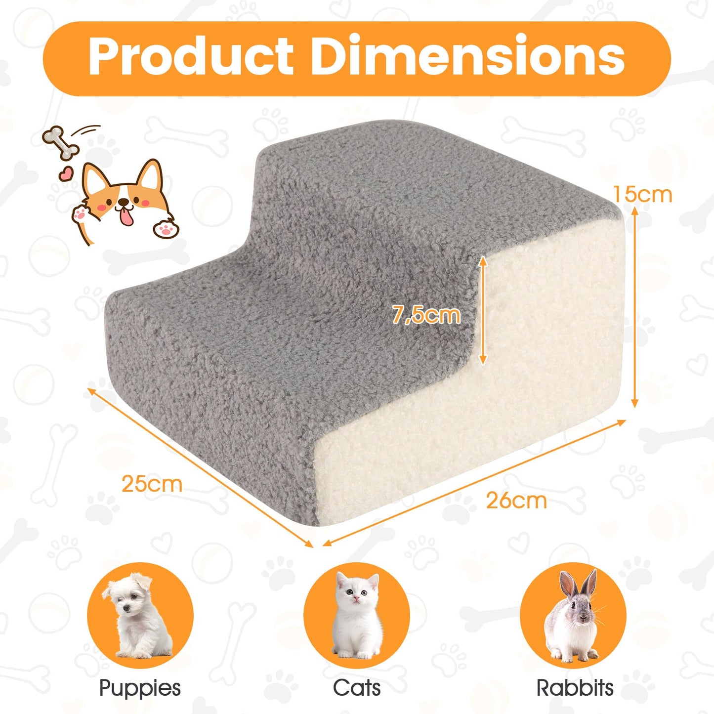 2-tier Foam Dog Ramp High-density Pet Stairs with Non-Slip Bottom-Grey