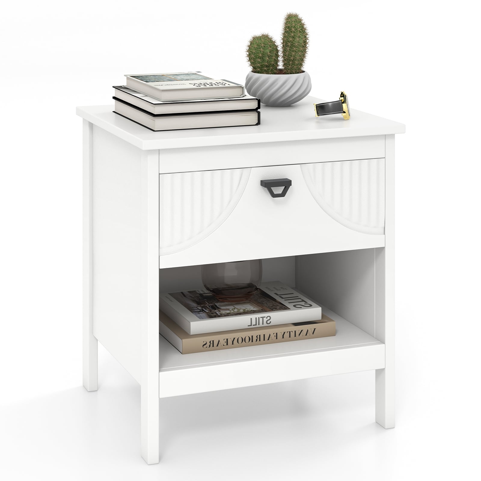 2-tier End Table with Drawer and Open Storage Shelf-White
