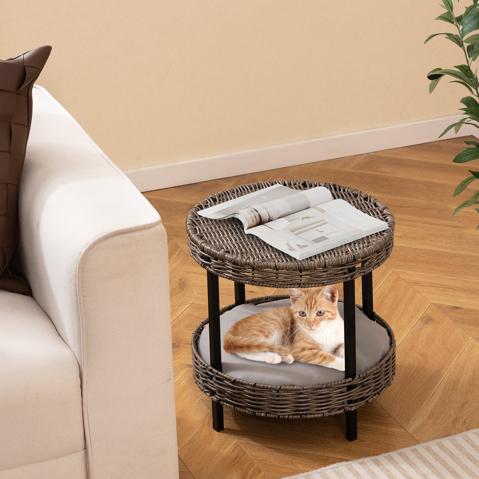 2-tier Rattan Cat Nest Wicker Kitten House Indoor and Outdoor Elevated Pet Shelter-Grey