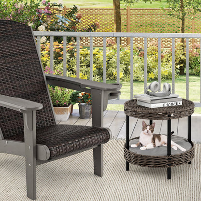 2-tier Rattan Cat Nest Wicker Kitten House Indoor and Outdoor Elevated Pet Shelter-Grey