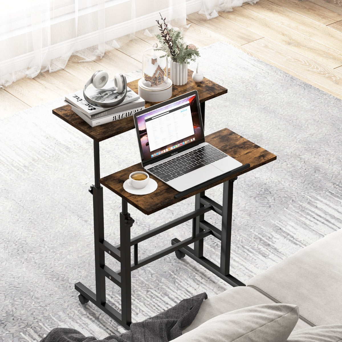 2-Tier Adjustable Standing Desk on Wheels-Rustic Brown