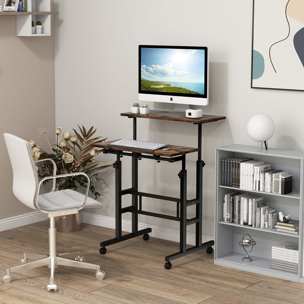 2-Tier Adjustable Standing Desk on Wheels-Rustic Brown