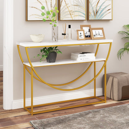 2-Tier Faux Marble Top Console Table with Storage Shelf-White & Golden